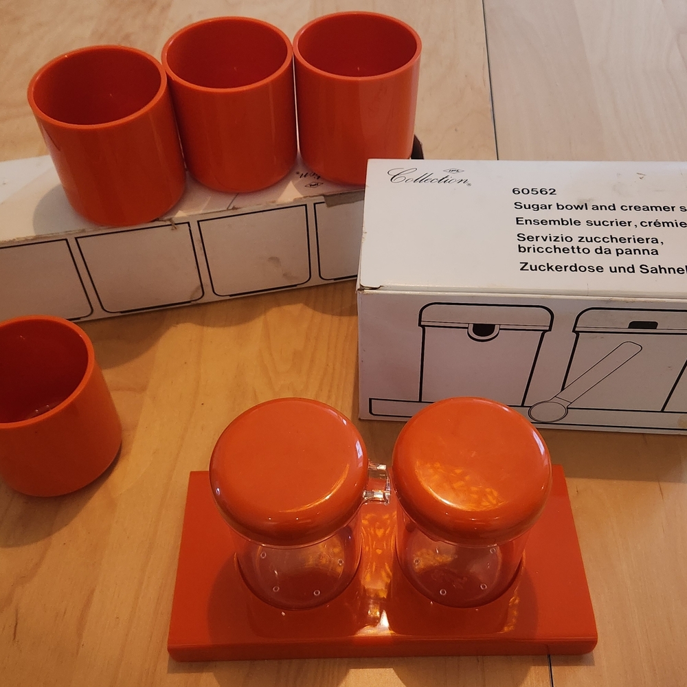 Orange Sugar And Cream Holder With 4 Matching Cup, 1970 André Morin Design